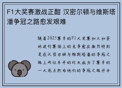 F1大奖赛激战正酣 汉密尔顿与维斯塔潘争冠之路愈发艰难
