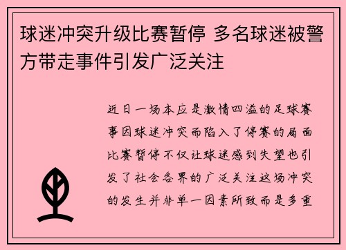 球迷冲突升级比赛暂停 多名球迷被警方带走事件引发广泛关注