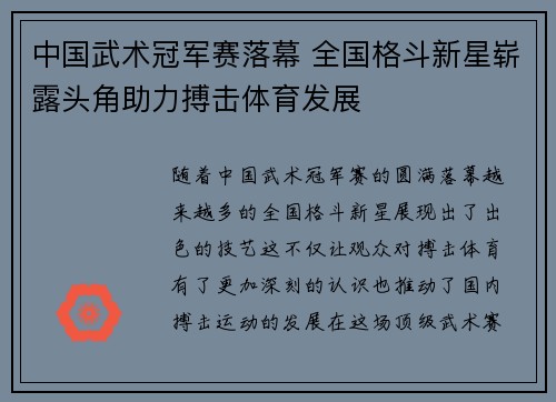 中国武术冠军赛落幕 全国格斗新星崭露头角助力搏击体育发展
