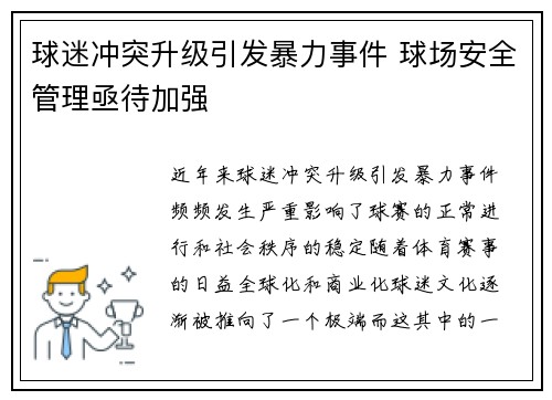 球迷冲突升级引发暴力事件 球场安全管理亟待加强